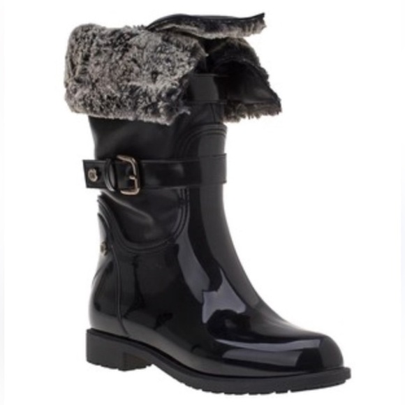 Stuart Weizmann snowflake black grainy nero rubber boot size 8.5 39 faux fur - Picture 1 of 17